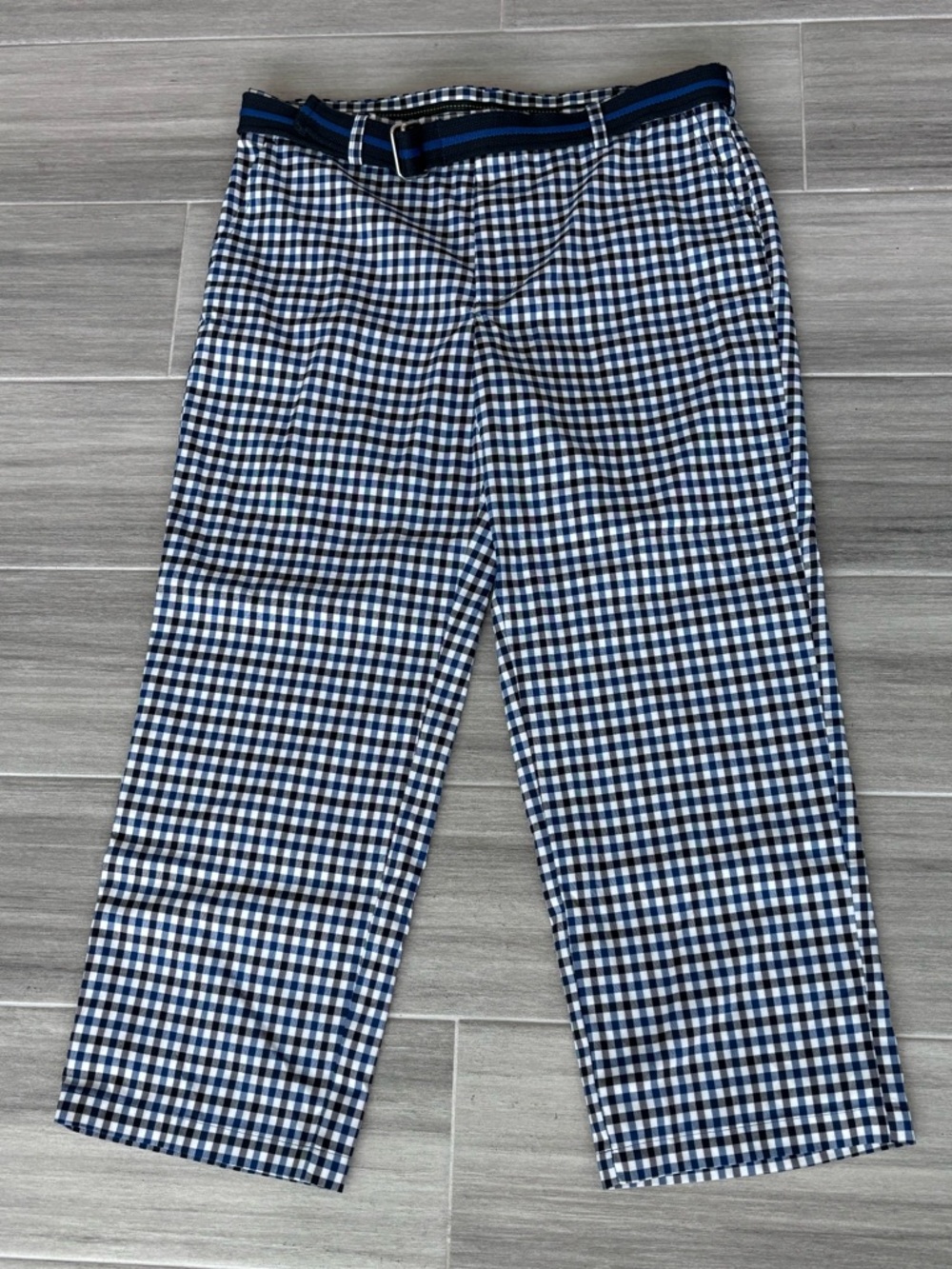 IZOD Golf Pants Men’s 38 x 29 Navy Black White Gingham Checked Adjustable Belt